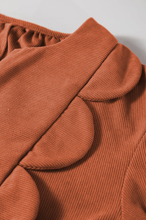 Bracelet Sleeve Split Neck Scallop Detail Pleated Corduroy Mini Dress